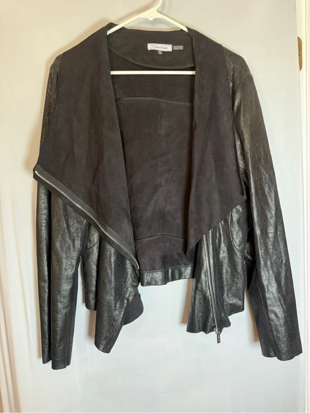 Calvin Klein Black Faux-Leather Draped Open-Front Jacket